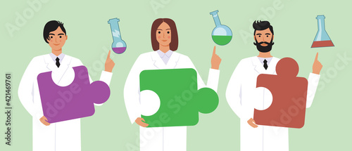 Scientists and ingredient in flask, scientific flat vector stock illustration with medics with puzzle and flask as part of team