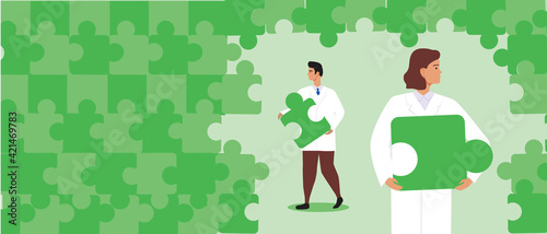 Scientists and puzzle as opening and space for text, scientific flat vector stock illustration with doctors or doctors in the laboratory and copy space