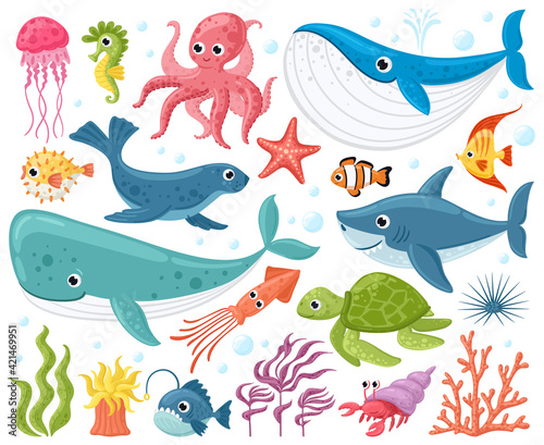 Cartoon sea animals. Cute ocean fish, octopus, shark and turtle, jellyfish, crab and seal. Underwater wildlife creatures vector illustration set