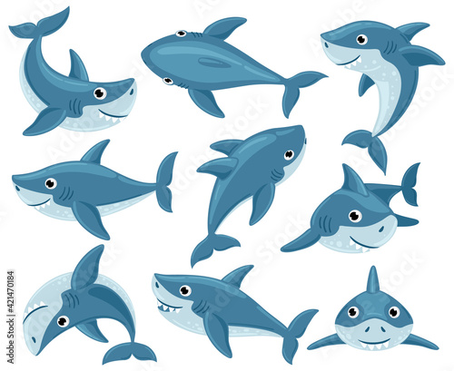 Cartoon sharks. Cute underwater shark animals  toothy fish mascot  ocean fauna character. Sharks creatures mascots vector illustration set