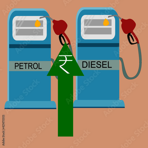 Indian fuel price hike Concept, Increasing petrol and Diesel Price, Up arrow with Indian Rupee symbol.