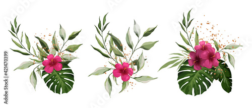 Hibiscus, tropical exotic leaves isolated on white background. Gold splashes of decoration. Realistic Plant Composition. Watercolor tropical floral bouquet set