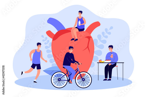 Men people with healthy heart riding bike, drinking water, keeping diet. Health and medicine flat vector illustration. Healthy eating lifestyle, sport concept for poster, website or landing web page
