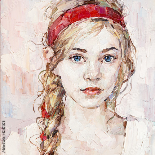 Young girl with a red ribbon in her hair. Blue-eyed girl with a pigtail. Oil painting on canvas.