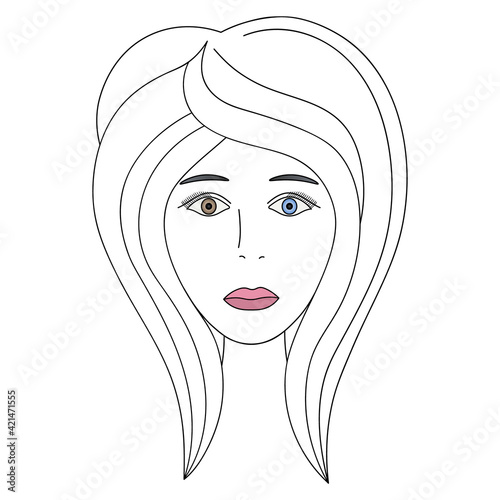Womans face. Sketch. The head of the girl in full face. Vector illustration. Haircut for medium hair-cascade. Plump lips. Lady with heterochromia. One eye is blue, the other brown. 