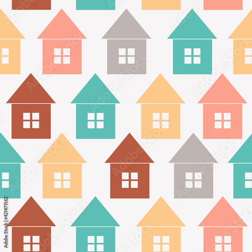 Seamless Pattern in flat design - colorful pattern with little houses of different colors. Vector Illustration - child's drawing style. icons related to Real Estate