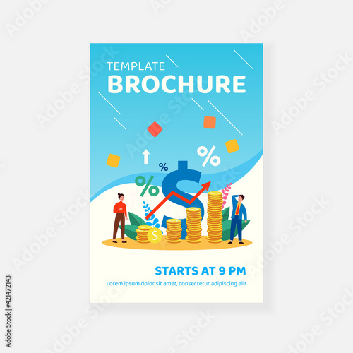 Tiny people standing near piles of coins with growth arrow flat vector illustration. Cartoon metaphor of price increase process in percentage. Economy and money value recession concept