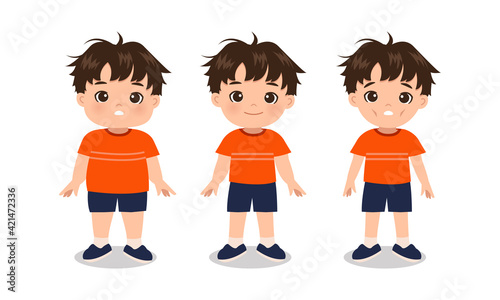Overweight, normal, and underweight boy. Before after body transformation. Flat vector cartoon design.