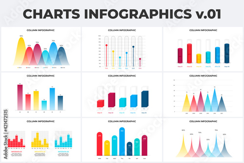 Set with column charts infographic design templates. Modern flat vector illustration for presentation. Annual report