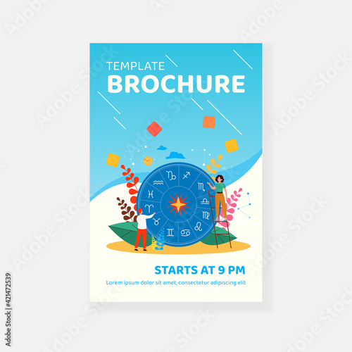 Tiny people casting horoscope, studying zodiac signs or ancient calendar, creating natal chart against stars and constellations on night sky. Vector illustration for astronomy, astrology concept