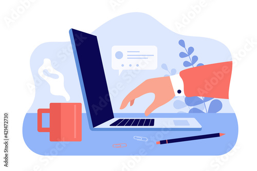 Office worker hand working on laptop computer. Device and coffee cup on workplace desk side view flat vector illustration. Modern technology, office work concept for website design or landing web page