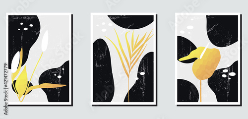 A set of three abstract minimalist aesthetic floral illustrations. Black silhouettes of plants on a light background. Modern vector posters for social media, web design in vintage style.