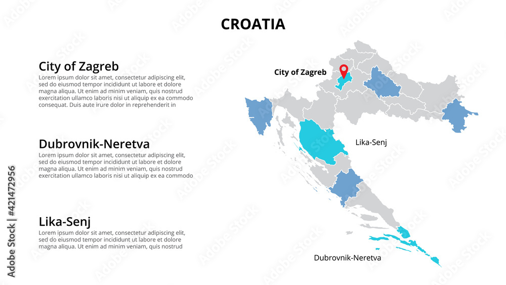 Croatia vector map infographic template divided by countries. Slide presentation