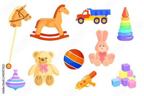 Colorful baby toys set. Cartoon kid rocking horse, truck, ball, soft bear, rabbit, water gun, cubes, pyramid, peg top designs collection. Flat vector illustration. Cute children toys concept