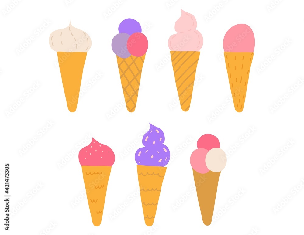 Set of Hand drawn simple colore ice cream illustrations isolated on white background. Tasty delicious dairy product with decoration Set of Hand drawn simple colore ice cream illustrations isolated on white background. Tasty delicious dairy product with decoration