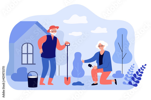 Senior man and woman family planting tree in garden. Active elderly couple people gardening flat vector illustration. Leisure activity, horticulture concept for website design or landing web page