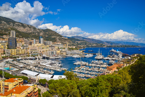 Aerial panoramic view of Port Hercules in Monte Carlo, Monaco.