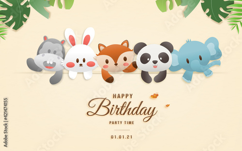 Cartoon happy birthday animals card. Greeting cards with cute safari or jungle animals party in the tropical forest. Template invitation paper art style vector illustration.