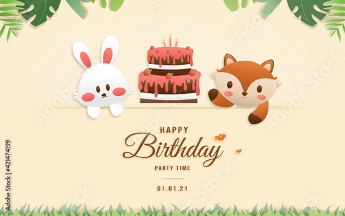 Cartoon happy birthday animals card. Greeting cards with cute safari or jungle animals rabbit, fox and cake party in the tropical forest. Template invitation paper art style vector illustration.