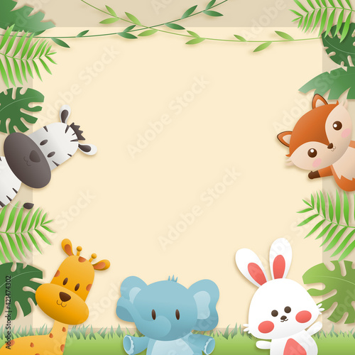 Cartoon happy birthday animals card. Greeting cards with cute safari or jungle animals party in the tropical forest. Template invitation paper art style vector illustration.	