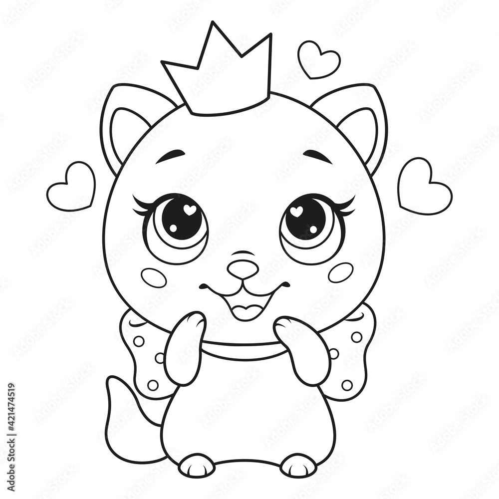 Cat princess loves its crown coloring page for kids. Black and white