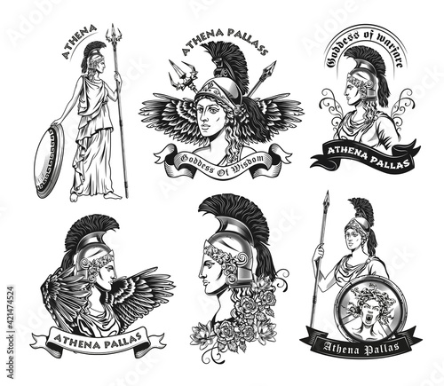 Monochrome emblems with Athena vector illustration set. Vintage logotypes with goddess of wisdom in armor. Mythology and ancient Greece concept can be used for stickers and badges