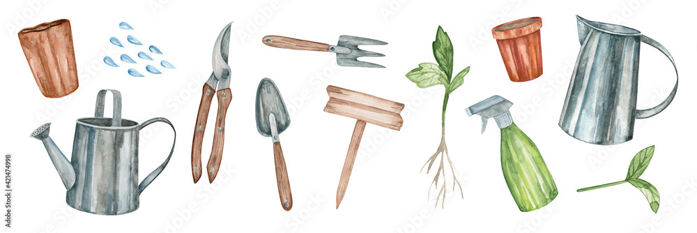 Obraz premium Set of watercolor elements for gardening isolated on white background. Peat pot, pruner, shovel, watering can, sprayer, jug, sprout, seedlings, rake, water drops.