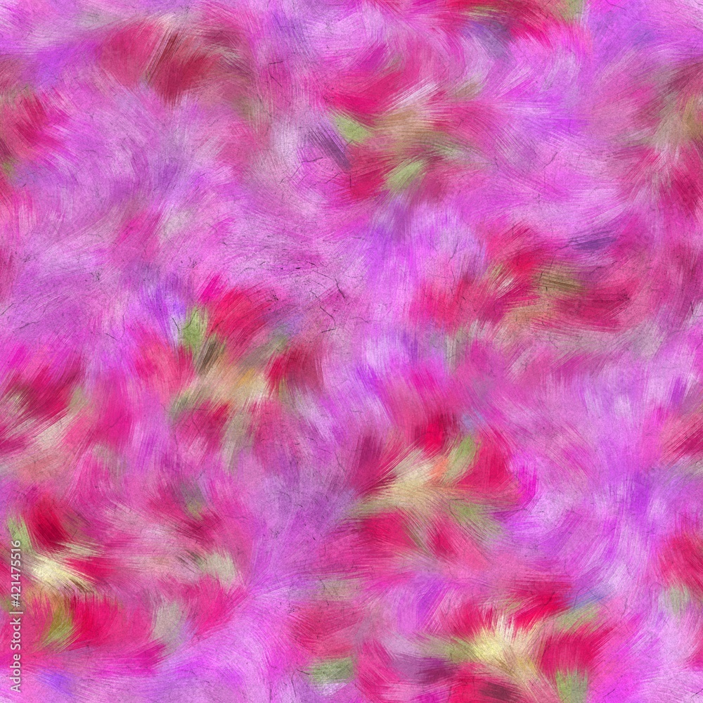 Seamless faux digital painted floral pattern print. High quality illustration. Procedural painting with realistic brush strokes in impressionistic style. Abstract art for surface design and print.