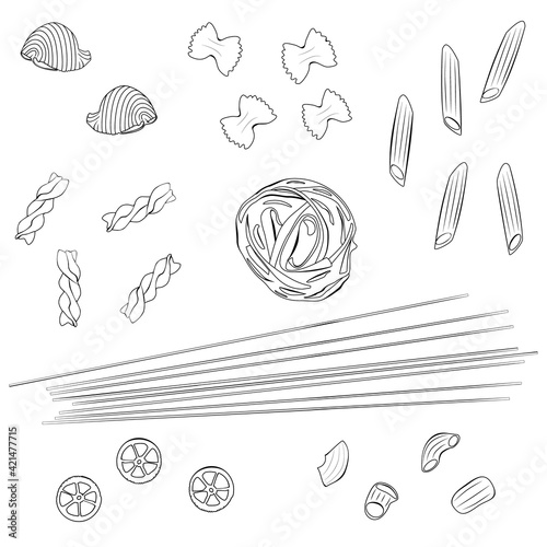 Different types of authentic Italian pasta. Hand drawn set. Menu or signboard template for restaurant.
