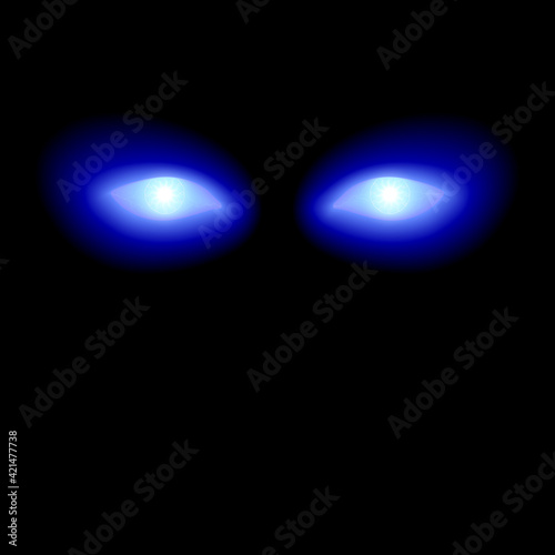 Ghost is watching. Glowing electric blue eyes on a black background. Hypnotic concept. Sight of Fantasy god or mysterious spirit. Magnetic mental energy. Glance of esoteric supernatural person.