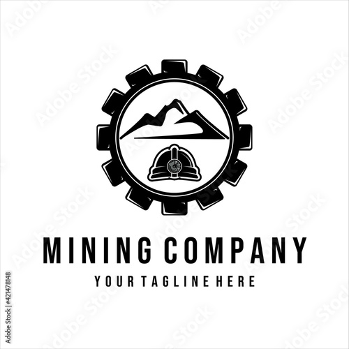 mining logo vintage vector illustration design. mountain and gear logo concept for mining illustration. helmet for professional and traditional mining logo vector illustration concept template design