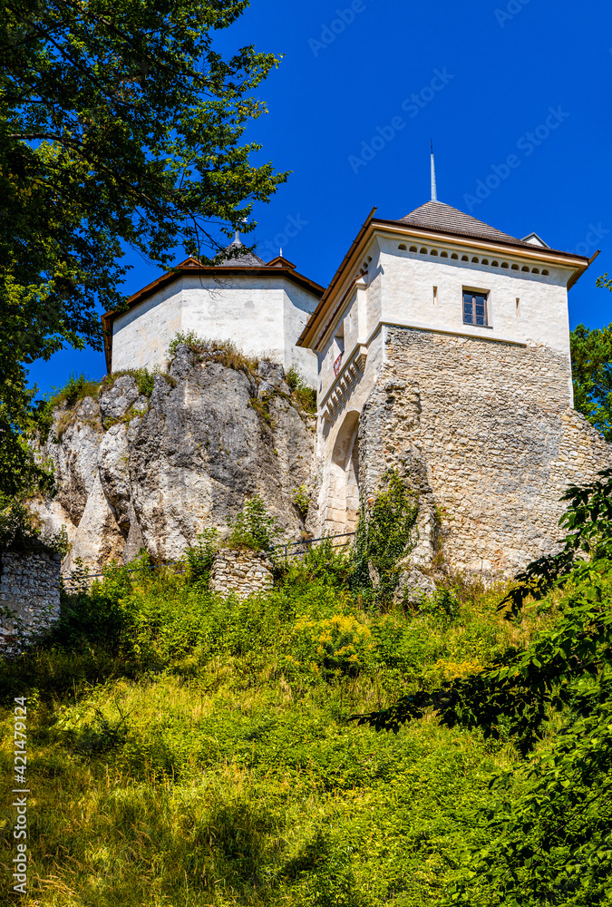 Limestone rocky defense walls and towers of medieval royal Ojcow Castle on Cracow-Czestochowa upland in Lesser Poland