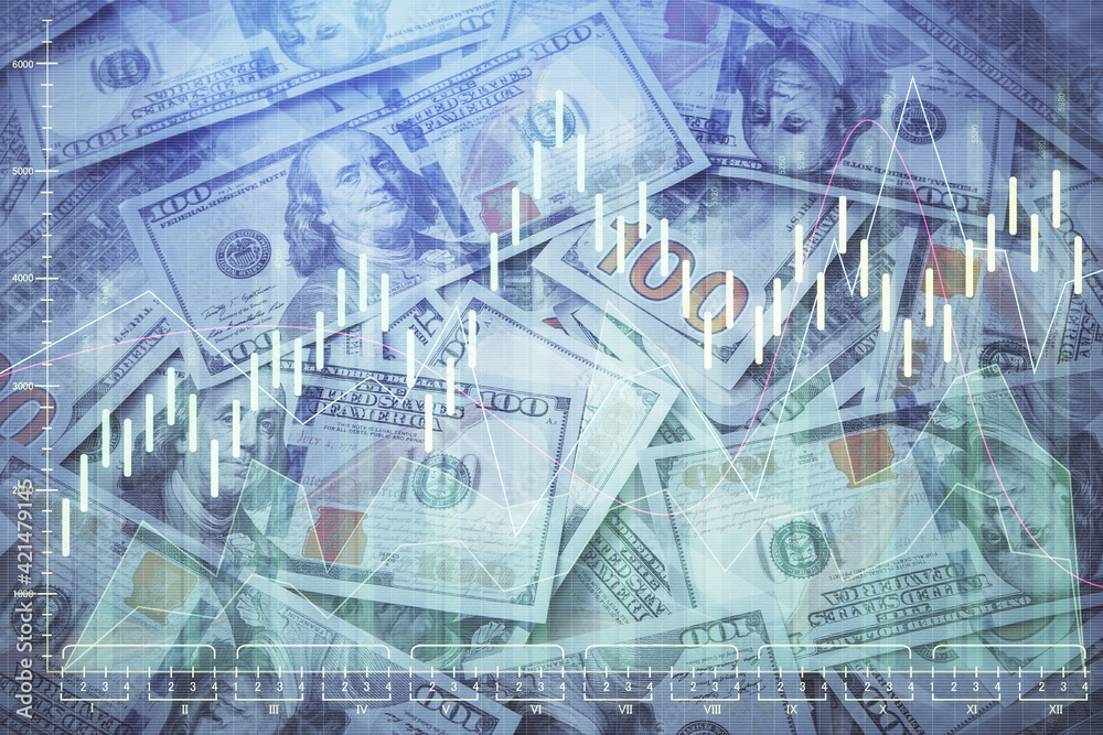 Double exposure of forex graph drawing over us dollars bill background. Concept of financial markets. Double exposure of forex graph drawing over us dollars bill background. Concept of financial markets.