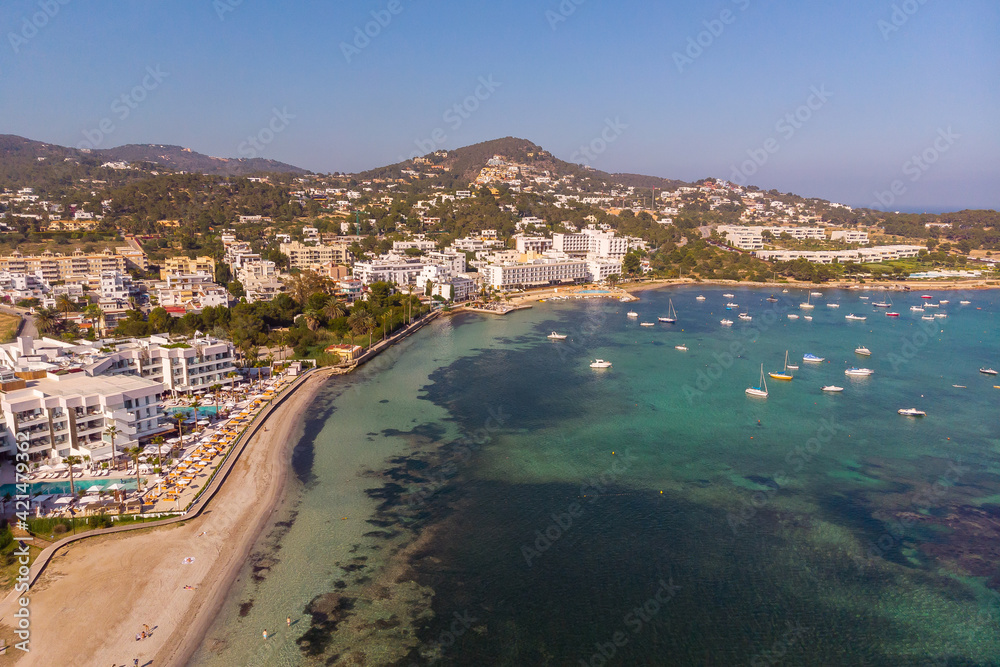 Aerial view of Ibiza hotels and sea