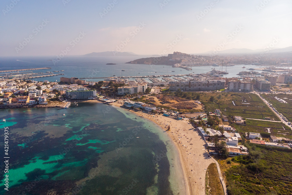 Morning aerial of Ibiza old town and Marina