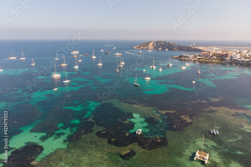 Aerial view of Ibiza boats and yachts in the wonderful color sea