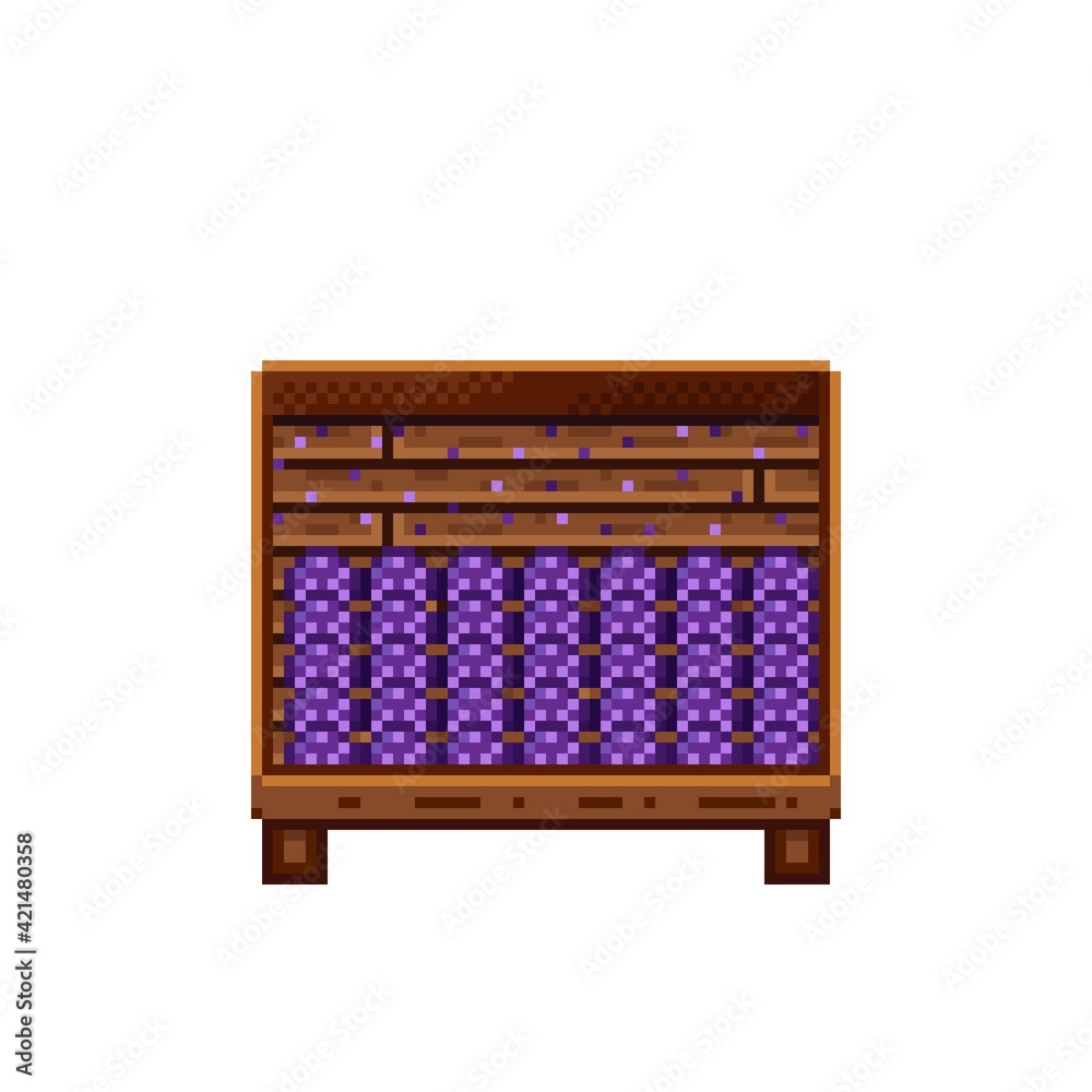 Vegetable shop pixel art. Mushrooms in a wooden crate. Mushrooms, food pixel art icon isolated on white background. Mushroom stall. Showcase with vegetable waste. Vector illustration. Vegetable shop pixel art. Mushrooms in a wooden crate. Mushrooms, food pixel art icon isolated on white background. Mushroom stall. Showcase with vegetable waste. Vector illustration.