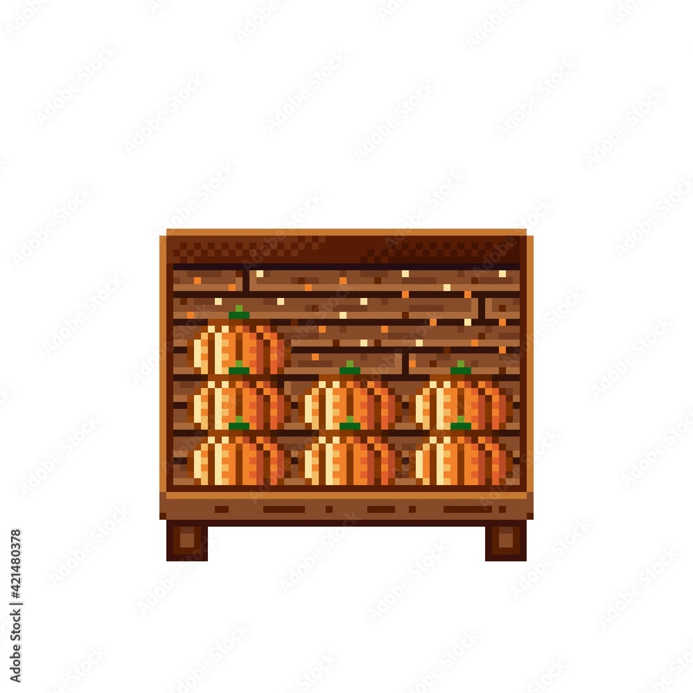 Vegetable shop pixel art. Pumpkin in a wooden crate. Pumpkins, food pixel art icon isolated on white background. Pumpkins stall. Showcase with vegetable waste. Vector illustration. Happy Halloween. Vegetable shop pixel art. Pumpkin in a wooden crate. Pumpkins, food pixel art icon isolated on white background. Pumpkins stall. Showcase with vegetable waste. Vector illustration. Happy Halloween.