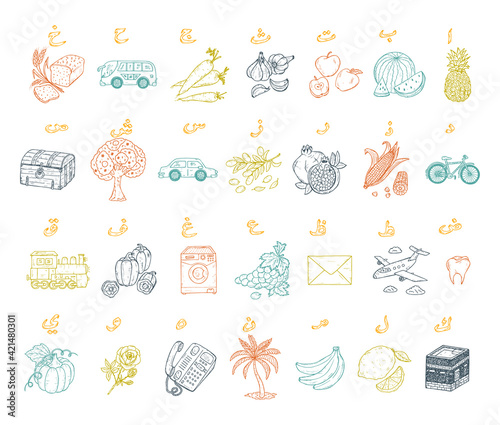 Colorful Arabic alphabet with drawings. Arabic Alphabet for kids. Hand drawn doodle Arabic letters for children - vector illustration