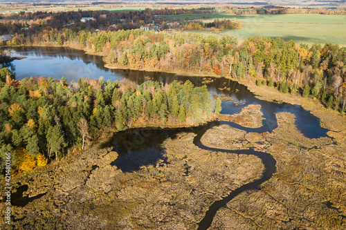 Lake, river and forest in Kazdanga, Latvia. Captured from above. photo