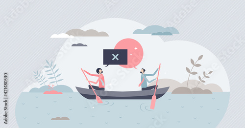 Conflict situation with opposite opinions and interests tiny person concept