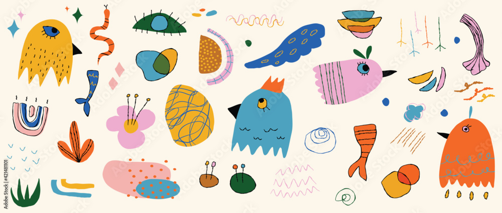 Abstract art background vector. Creative Hand drawn various shapes and doodle object elements for kids and school cover, abstract wall art for home decor,earth tone wallpaper,prints and pattern design Abstract art background vector. Creative Hand drawn various shapes and doodle object elements for kids and school cover, abstract wall art for home decor,earth tone wallpaper,prints and pattern design