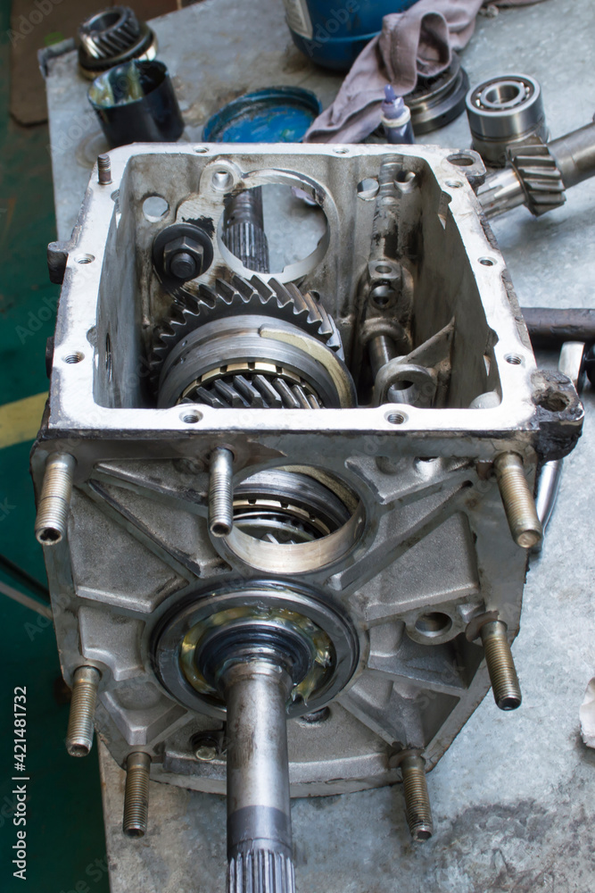 Side view of the gearbox housing with the shaft inserted inside