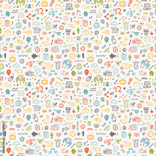 Hand Drawn Doodle Web Site Signs and Symbols. Social Media Icons Vector Seamless Pattern