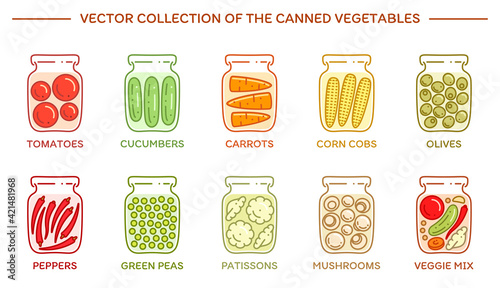 Vector set of the pickled vegetables. Icons of canned veggies in the glass jars on a white background. Preserved tomatoes, carrots, corns, olives, mushrooms and other nutrition. Trendy simple style.