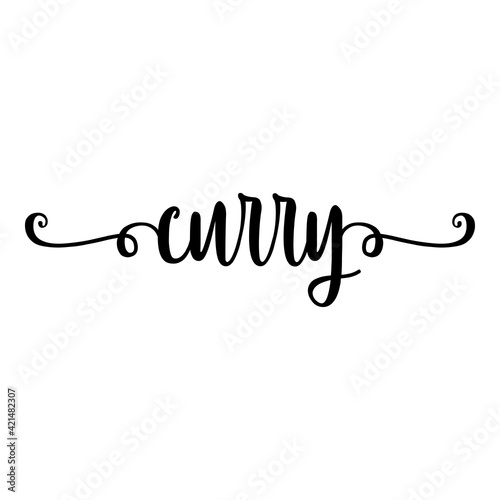 Banner con texto manuscrito curry escrito a mano con florituras en color negro