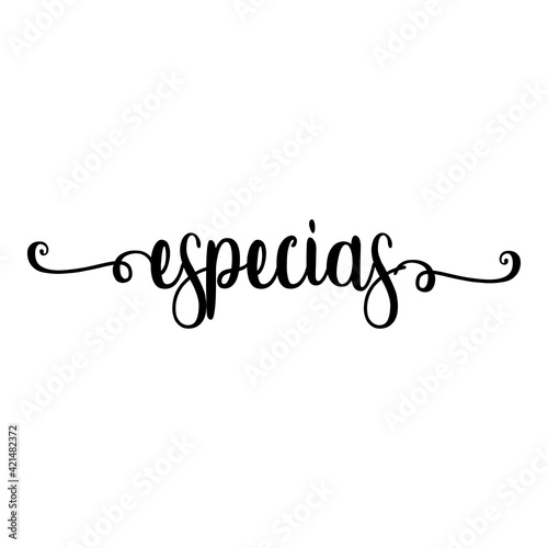 Banner con texto manuscrito especias en español escrito a mano con florituras en color negro