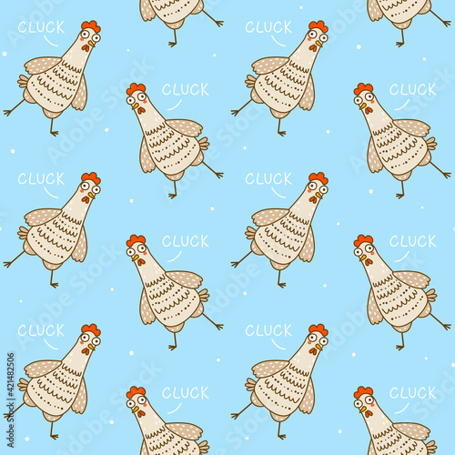 Seamless pattern with cute chickens on blue background - cartoon hens and roosters character for happy farm design