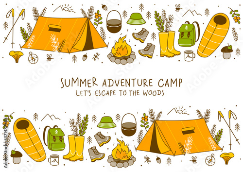 Horizontal border with forest and mountain hiking items isolated on white - cartoon objects for Your camping design