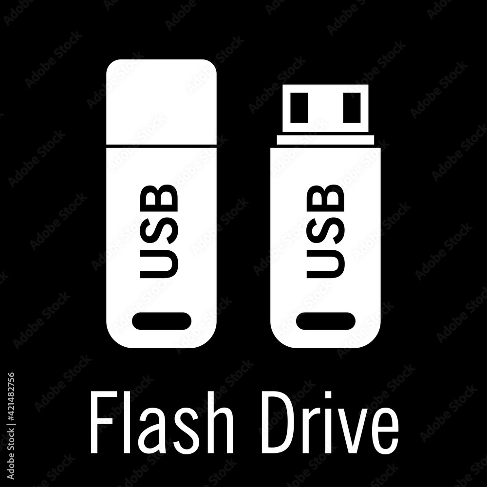 Isolated white USB stick icon with text on black background. Design element for poster, banner, clothes. Simple flat style. Vector illustration. Isolated white USB stick icon with text on black background. Design element for poster, banner, clothes. Simple flat style. Vector illustration.